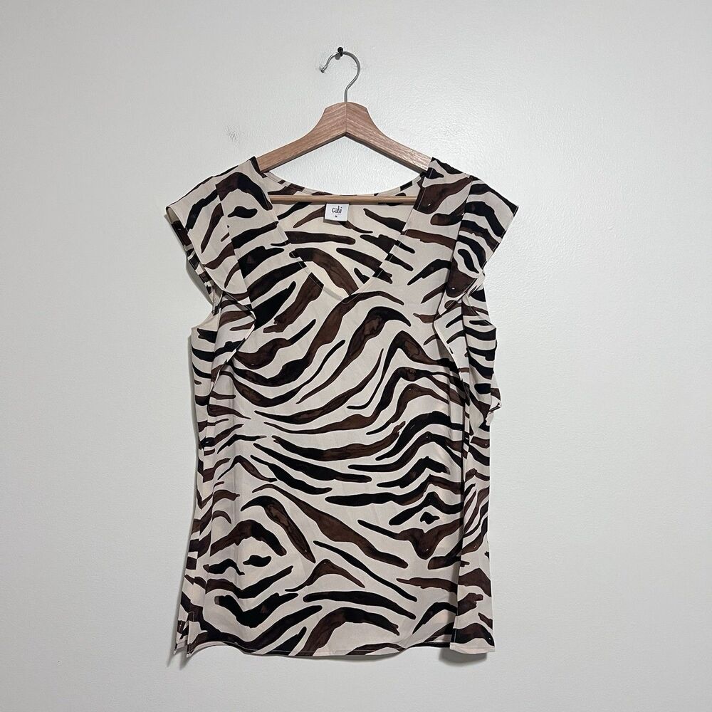 Cabi 3771 Zebra Print Flutter Sleeve Blouse Medium Cream Brown Animal Print Top - Picture 2 of 9